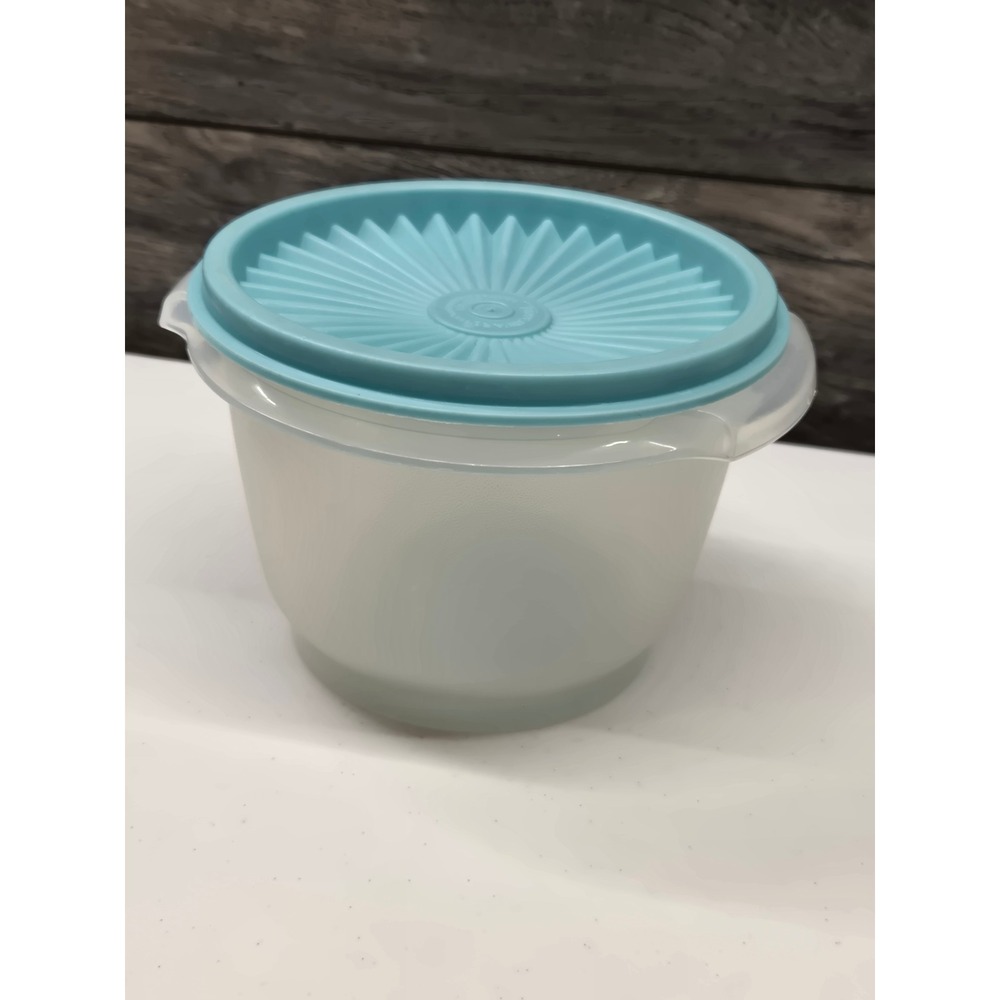 Vintage Tupperware Servalier Bowl 886-32 Frosted Clear Turquoise Sunburst Lid